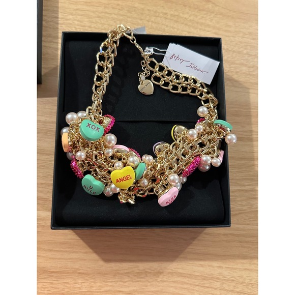 Betsey Johnson Jewelry - Betsy Johnson Conversation Heart Charm Necklace Gold Tone Pearls Pink